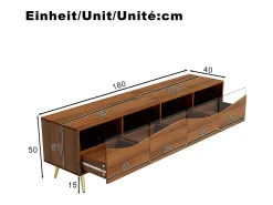 Móvel De Tv*Merax Móvel de TV moderno 180 x 40 x 50 cm com LEDs - pés de metal dourado - frente de vidro e 4 gavetas - MDF - natural Natural claro