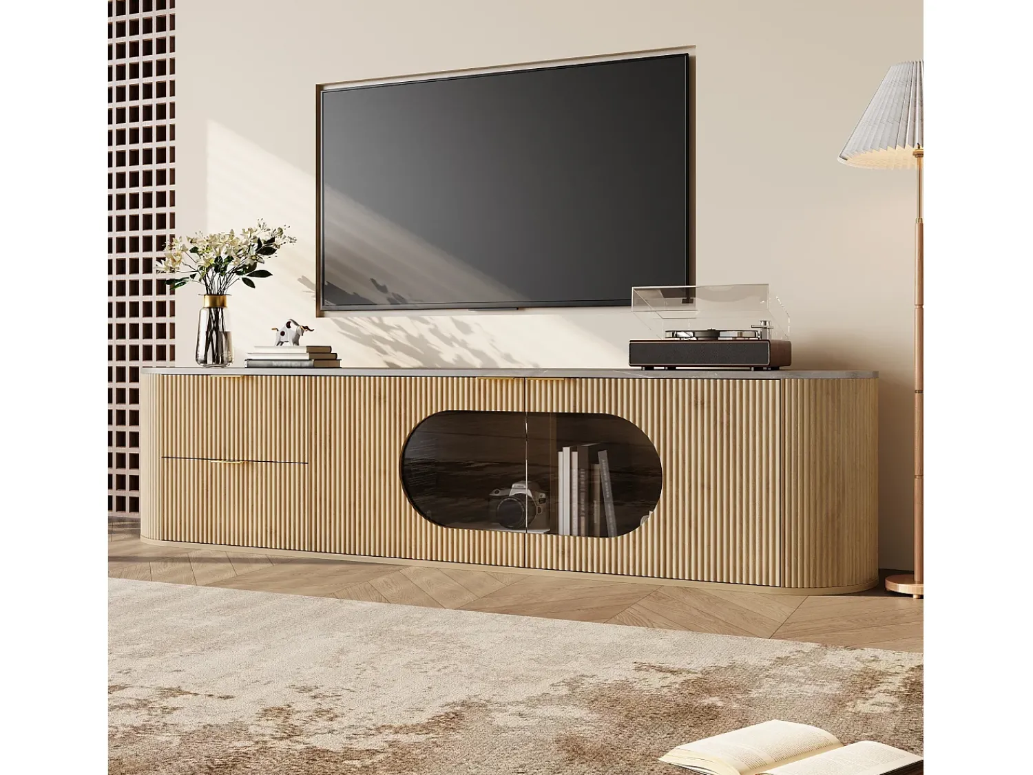ModernLuxe Móvel de TV moderno aspecto madeira - 172x38x45,5 cm - 2 portas e 2 gavetas - Tampo efeito mármore - MDF - Natural^ Móvel De Tv