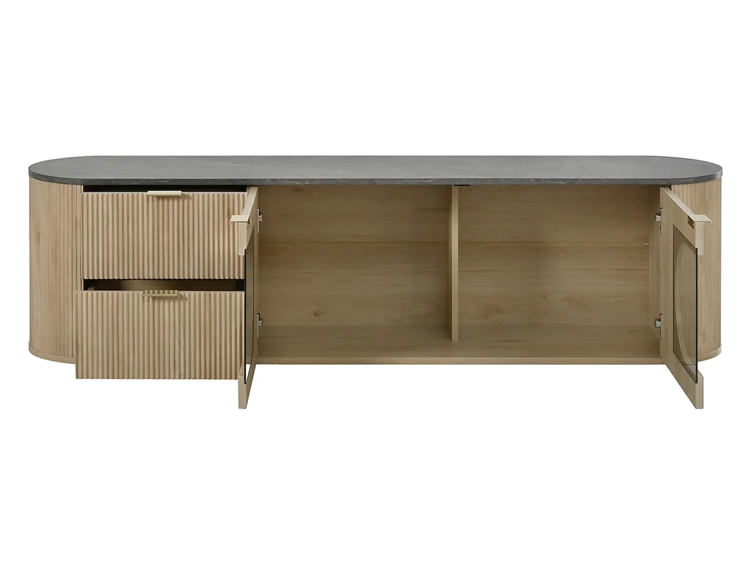 ModernLuxe Móvel de TV moderno aspecto madeira - 172x38x45,5 cm - 2 portas e 2 gavetas - Tampo efeito mármore - MDF - Natural^ Móvel De Tv