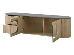 ModernLuxe Móvel de TV moderno aspecto madeira - 172x38x45,5 cm - 2 portas e 2 gavetas - Tampo efeito mármore - MDF - Natural^ Móvel De Tv