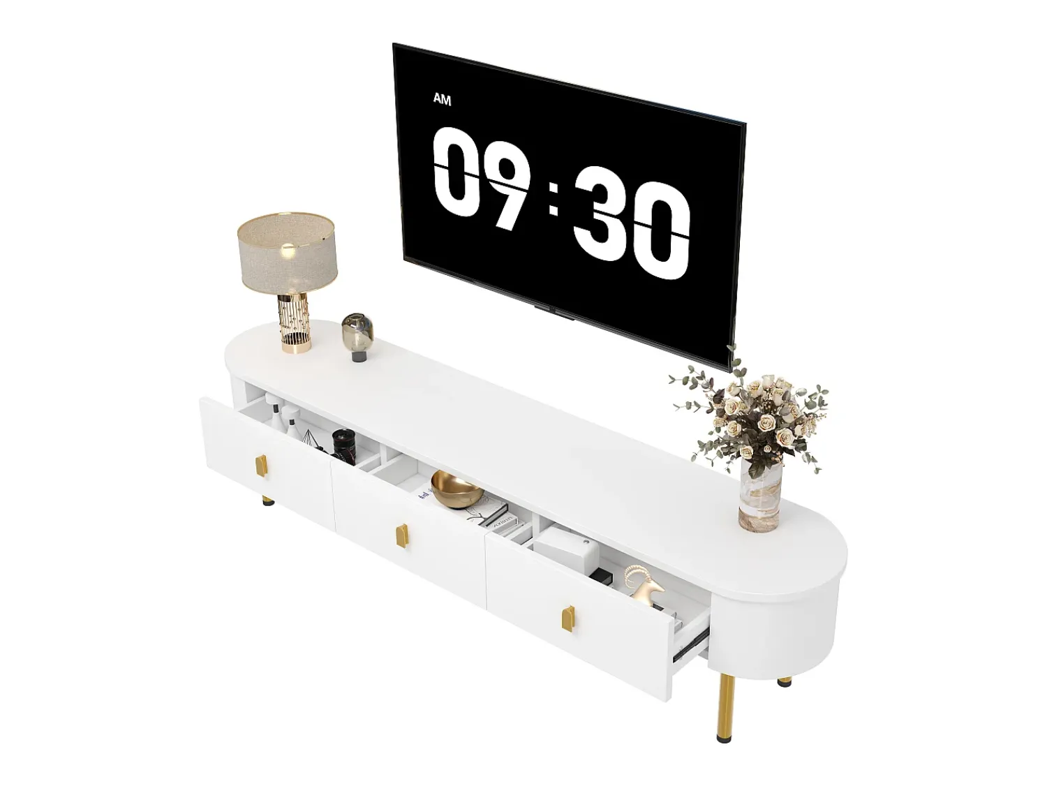 Móvel De Tv*Merax Móvel de TV moderno com 3 gavetas - 174 x 35 x 41 cm - MDF e pés de metal - + dourado Branco