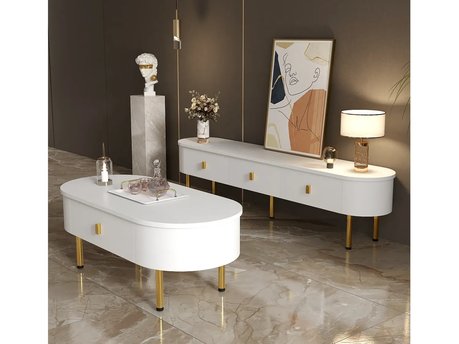 Móvel De Tv*Merax Móvel de TV moderno com 3 gavetas - 174 x 35 x 41 cm - MDF e pés de metal - + dourado Branco