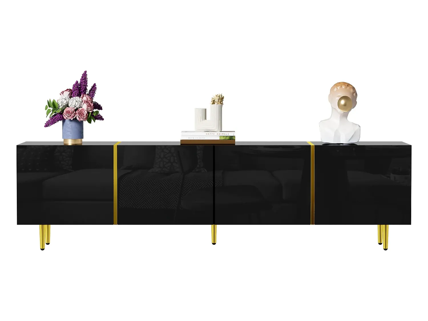 Merax Móvel de TV moderno com 4 portas - 170 x 35 x 46 cm - Madeira MDF - brilhante e dourado^ Móvel De Tv