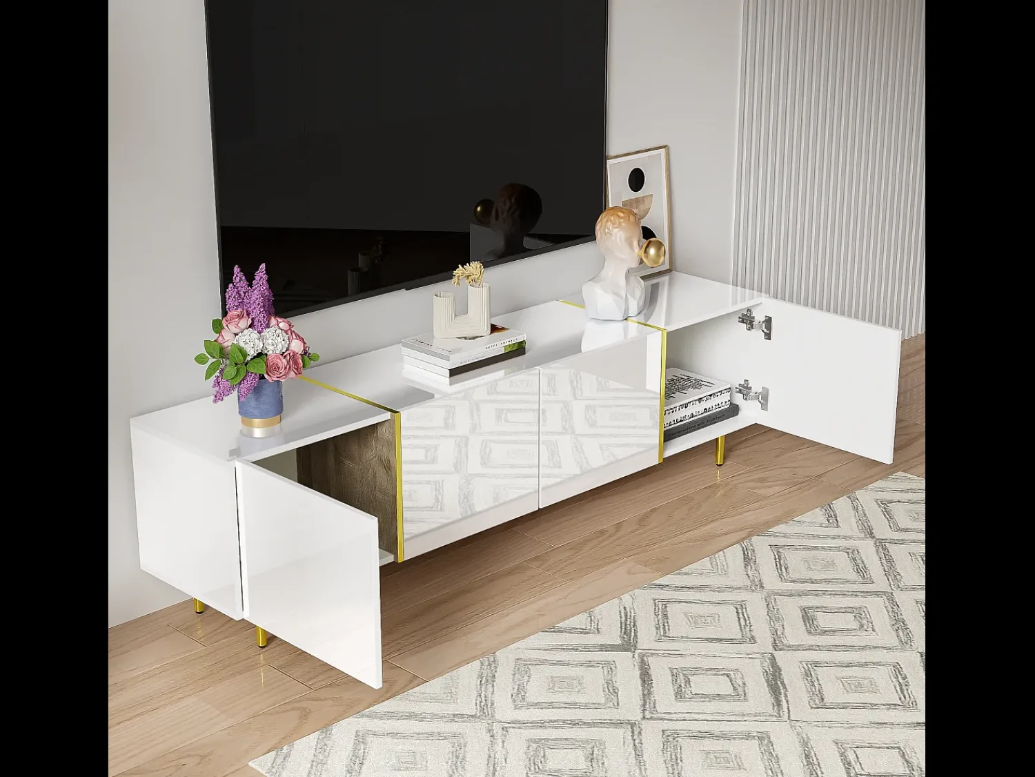 Móvel De Tv|Merax Móvel de TV moderno com 4 portas - 170 x 35 x 46 cm - Madeira MDF - brilhante e dourado Branco