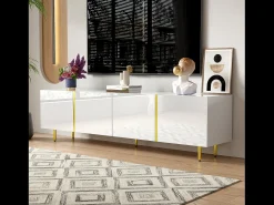 Móvel De Tv|Merax Móvel de TV moderno com 4 portas - 170 x 35 x 46 cm - Madeira MDF - brilhante e dourado Branco