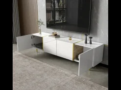 Móvel De Tv|Merax Móvel de TV moderno com 4 portas - 170 x 35 x 46 cm - Madeira MDF - brilhante e dourado Branco