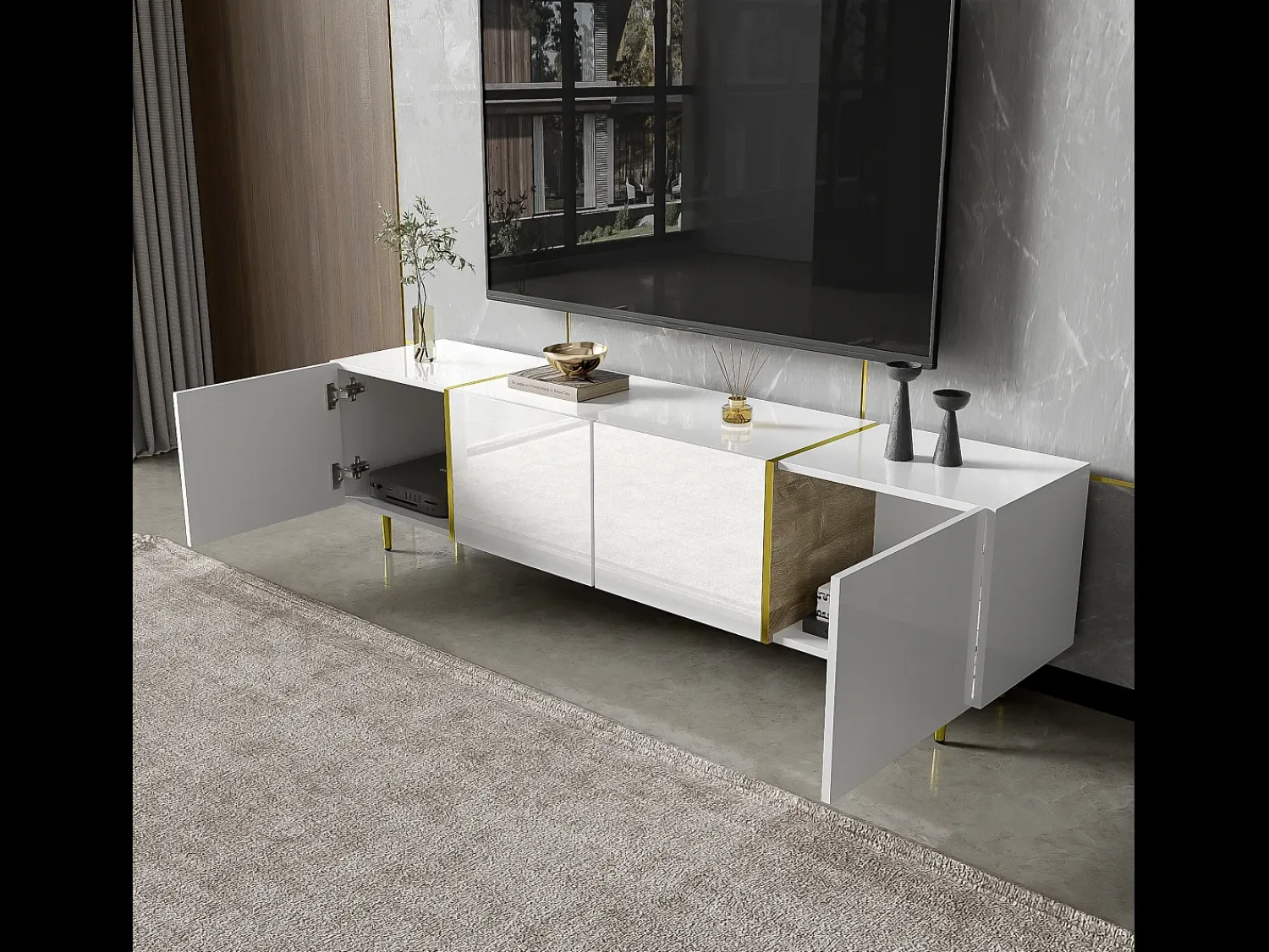 Móvel De Tv|Merax Móvel de TV moderno com 4 portas - 170 x 35 x 46 cm - Madeira MDF - brilhante e dourado Branco