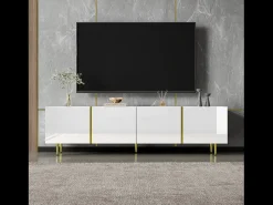 Móvel De Tv|Merax Móvel de TV moderno com 4 portas - 170 x 35 x 46 cm - Madeira MDF - brilhante e dourado Branco