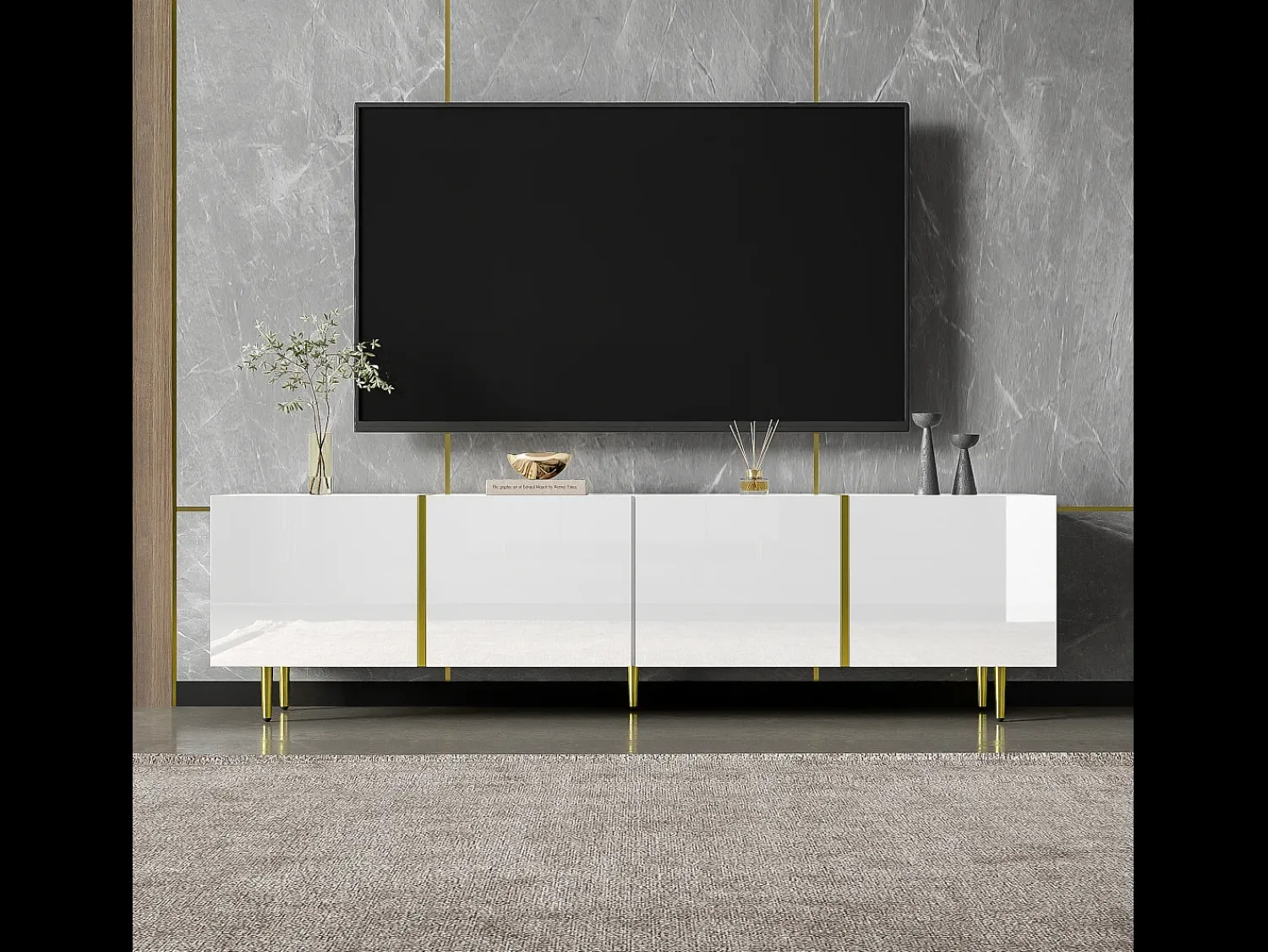 Móvel De Tv|Merax Móvel de TV moderno com 4 portas - 170 x 35 x 46 cm - Madeira MDF - brilhante e dourado Branco