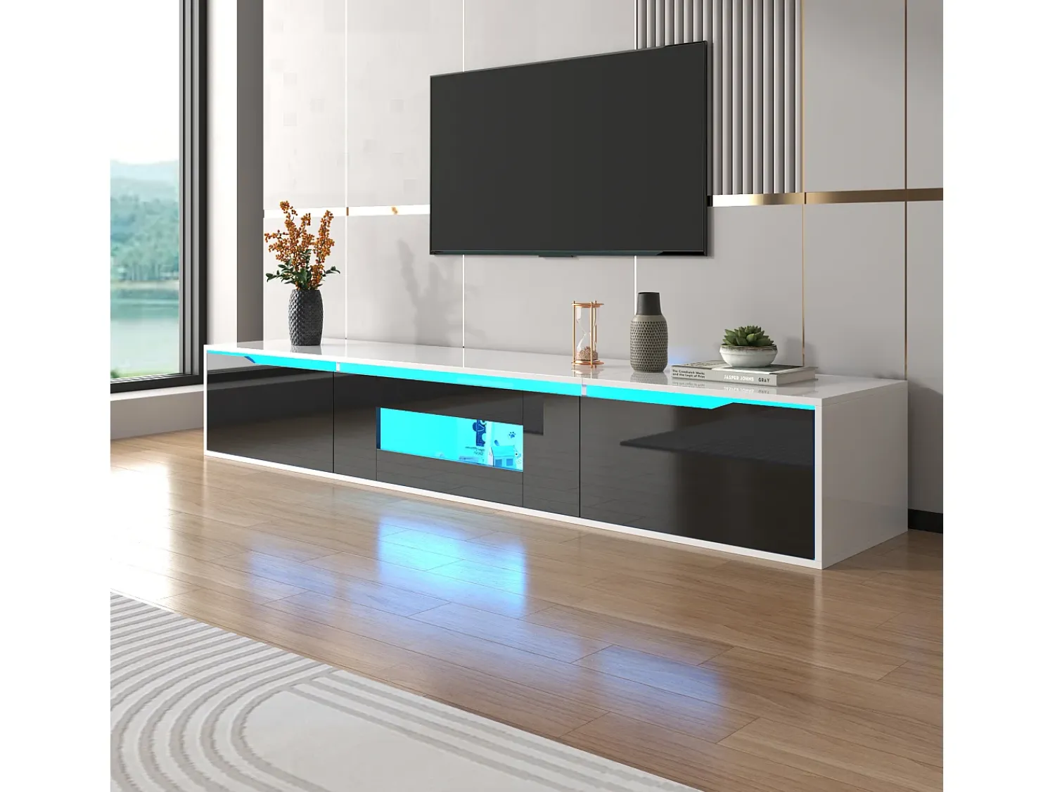 Merax Móvel de TV moderno com 3 portas em alto brilho, iluminação LED, aglomerado, cores: preto e Branco