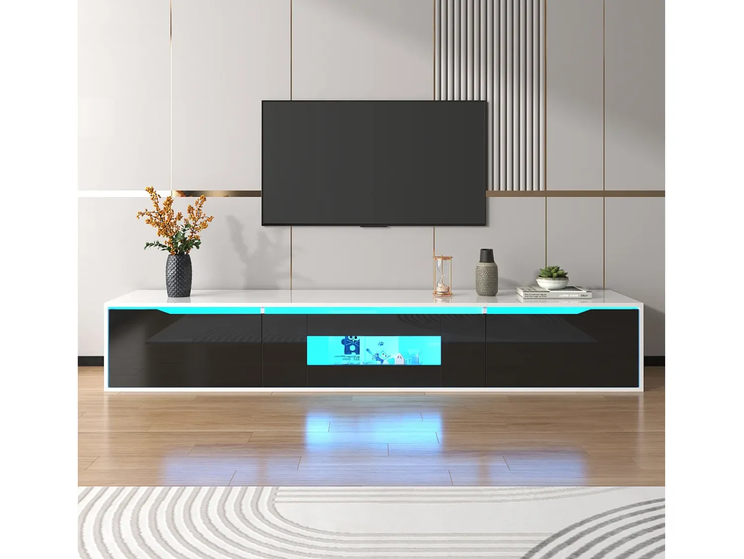 Merax Móvel de TV moderno com 3 portas em alto brilho, iluminação LED, aglomerado, cores: preto e Branco
