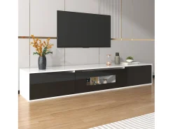 Merax Móvel de TV moderno com 3 portas em alto brilho, iluminação LED, aglomerado, cores: preto e Branco