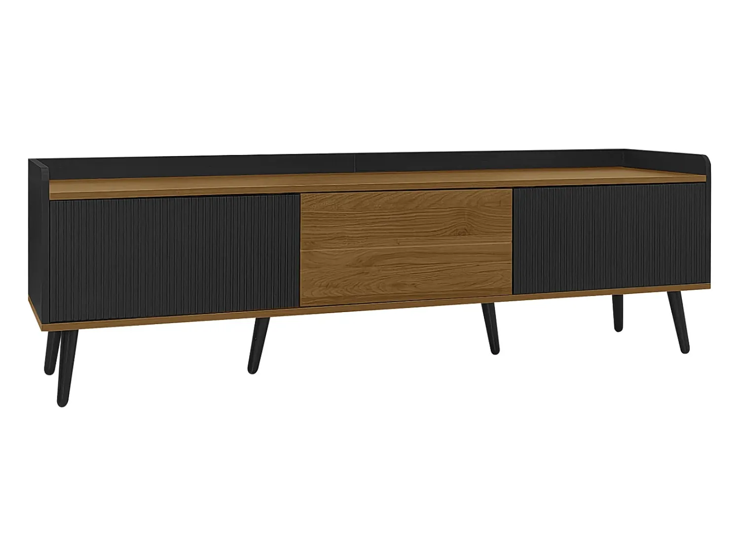 Móvel De Tv| Móvel de TV moderno com 3 portas, armário baixo com acabamento em e madeira natural, 160x39x49,5cm Preto