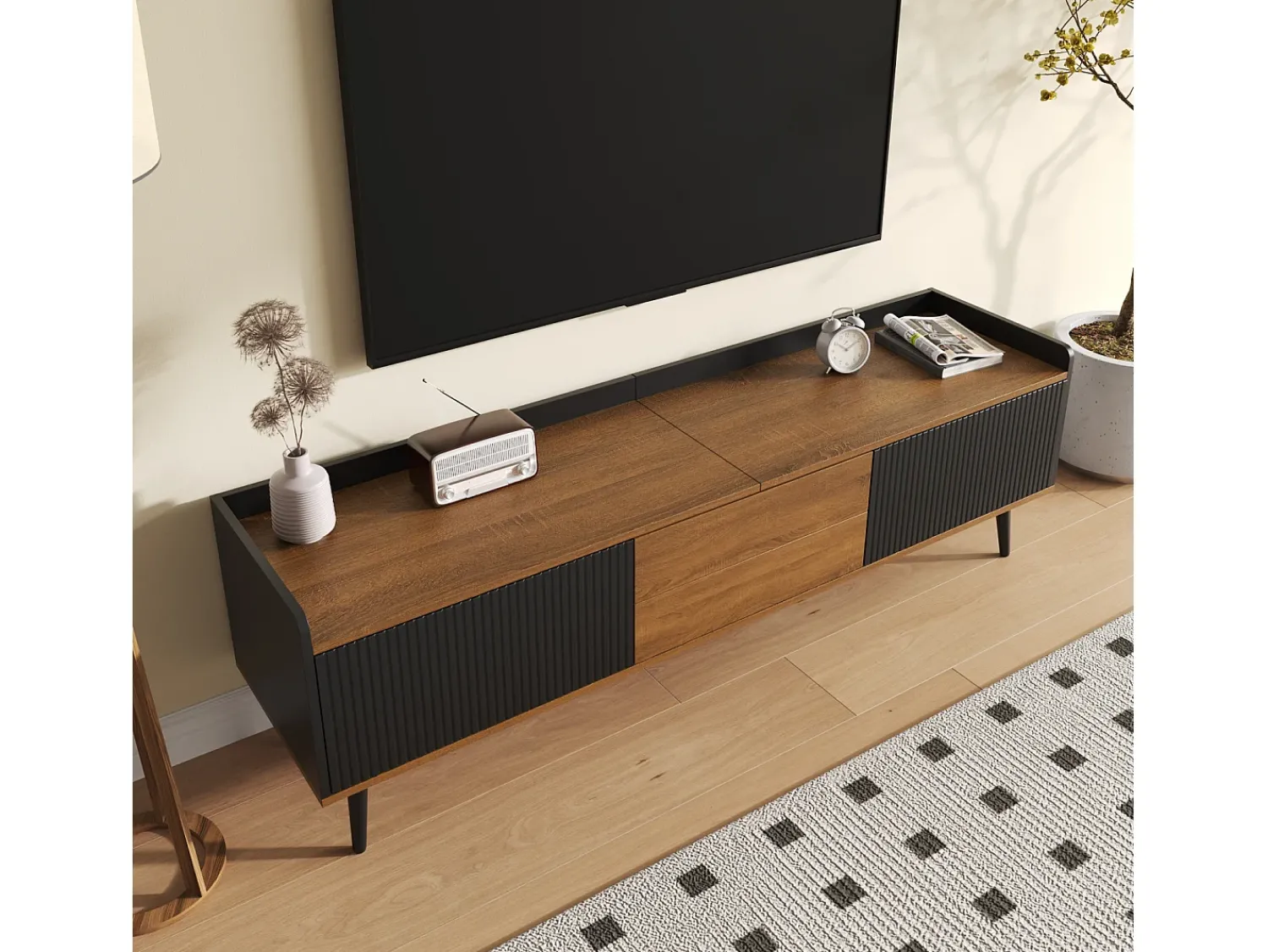 Móvel De Tv| Móvel de TV moderno com 3 portas, armário baixo com acabamento em e madeira natural, 160x39x49,5cm Preto