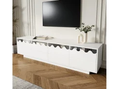 Móvel De Tv*Merax Móvel de TV moderno com 4 portas e design ondulado - 170 x 40 x 45 cm - elegante solução de armazenamento para sala de estar - MDF + aglomerado - Branco