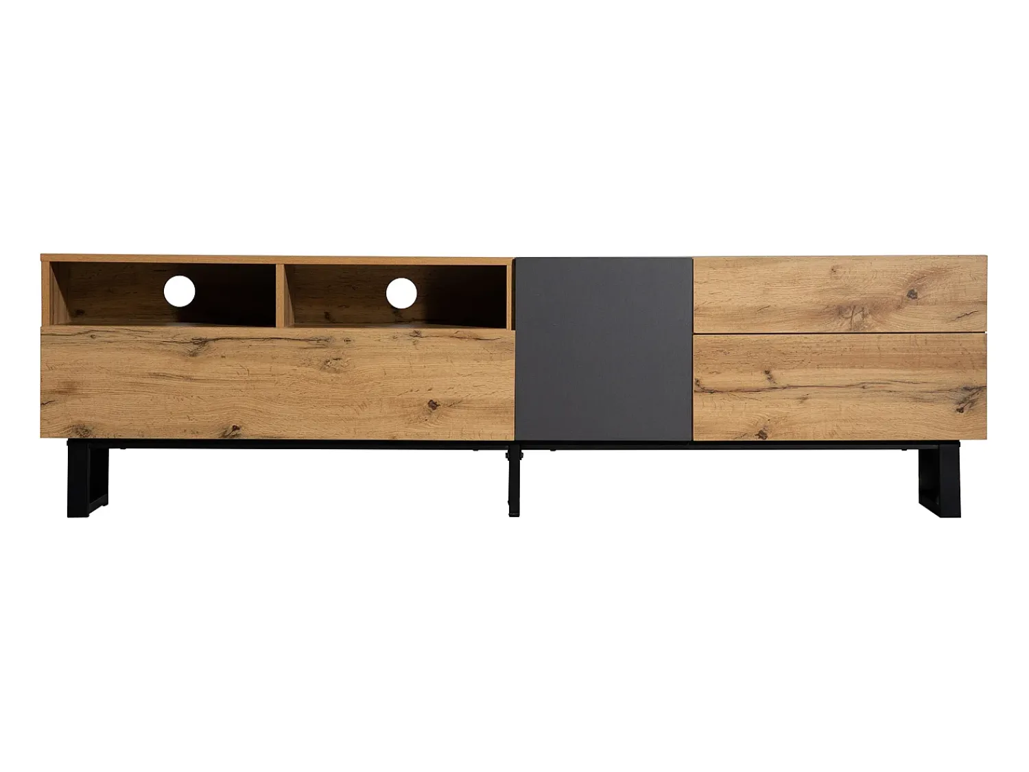 Merax Móvel de TV moderno com 2 portas, 2 gavetas e 2 nichos - madeira MDF e metal - carvalho e preto^ Móvel De Tv