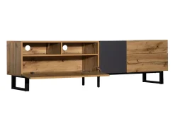Merax Móvel de TV moderno com 2 portas, 2 gavetas e 2 nichos - madeira MDF e metal - carvalho e preto^ Móvel De Tv