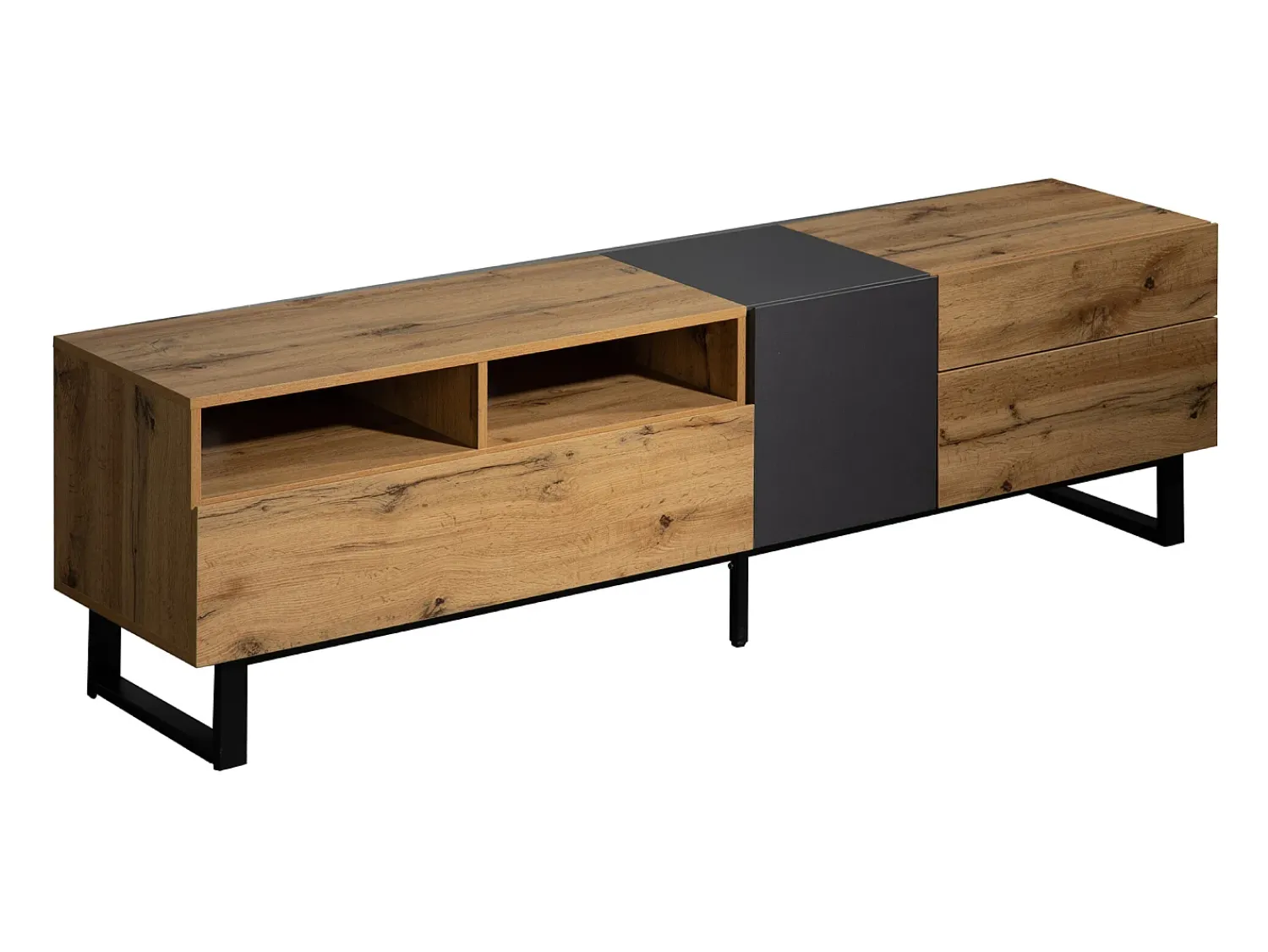 Merax Móvel de TV moderno com 2 portas, 2 gavetas e 2 nichos - madeira MDF e metal - carvalho e preto^ Móvel De Tv