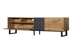Merax Móvel de TV moderno com 2 portas, 2 gavetas e 2 nichos - madeira MDF e metal - carvalho e preto^ Móvel De Tv