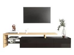 Móvel De Tv*Merax Móvel de TV moderno com 3 portas e 2 nichos - LEDs - Madeira MDF e vidro - carvalho e cor preta Natural claro