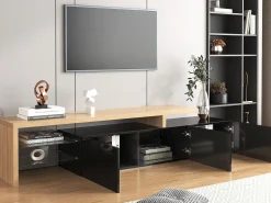 Móvel De Tv*Merax Móvel de TV moderno com 3 portas e 2 nichos - LEDs - Madeira MDF e vidro - carvalho e cor preta Natural claro
