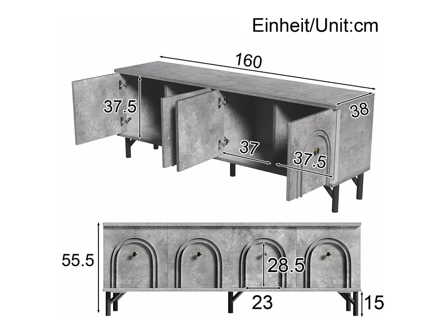 Discount Móvel de TV moderno com 4 portas - Cinza, 160 cm - Design elegante, dobradiças de fechamento suave Cinzento