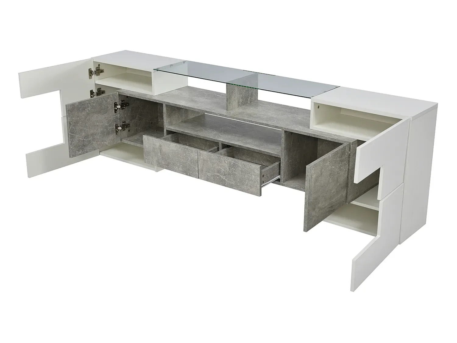 Móvel De Tv*Merax Móvel de TV moderno com 4 portas, 2 gavetas e 2 nichos - Aspecto branco brilhante - LEDs - Comprimento 200cm - Cor cinza Cinzento