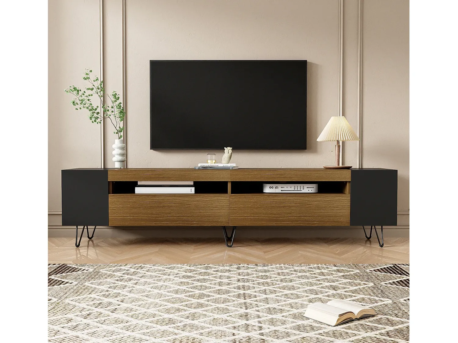 Best Móvel de TV moderno com 2 portas, espaço de armazenamento e pés de metal, 180x36x43cm, + Madeira Preto
