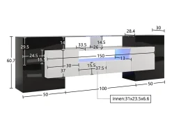 Móvel De Tv|Merax Móvel de TV moderno com 4 portas, 2 gavetas e 2 nichos - Aspecto brilhante - LEDs - Comprimento 200cm - Cor preta Branco