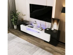 Móvel De Tv|Merax Móvel de TV moderno com 4 portas, 2 gavetas e 2 nichos - Aspecto brilhante - LEDs - Comprimento 200cm - Cor preta Branco