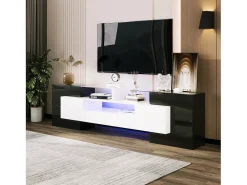 Móvel De Tv|Merax Móvel de TV moderno com 4 portas, 2 gavetas e 2 nichos - Aspecto brilhante - LEDs - Comprimento 200cm - Cor preta Branco