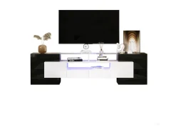 Móvel De Tv|Merax Móvel de TV moderno com 4 portas, 2 gavetas e 2 nichos - Aspecto brilhante - LEDs - Comprimento 200cm - Cor preta Branco