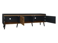 Móvel De Tv* Móvel de TV moderno com 3 portas, armário baixo com acabamento em e madeira natural, 160x39x49,5cm Preto