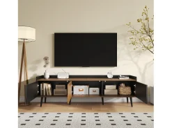 Móvel De Tv* Móvel de TV moderno com 3 portas, armário baixo com acabamento em e madeira natural, 160x39x49,5cm Preto