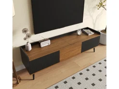 Móvel De Tv* Móvel de TV moderno com 3 portas, armário baixo com acabamento em e madeira natural, 160x39x49,5cm Preto