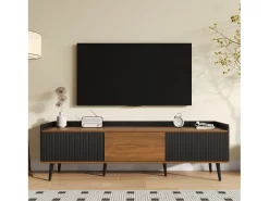Móvel De Tv* Móvel de TV moderno com 3 portas, armário baixo com acabamento em e madeira natural, 160x39x49,5cm Preto