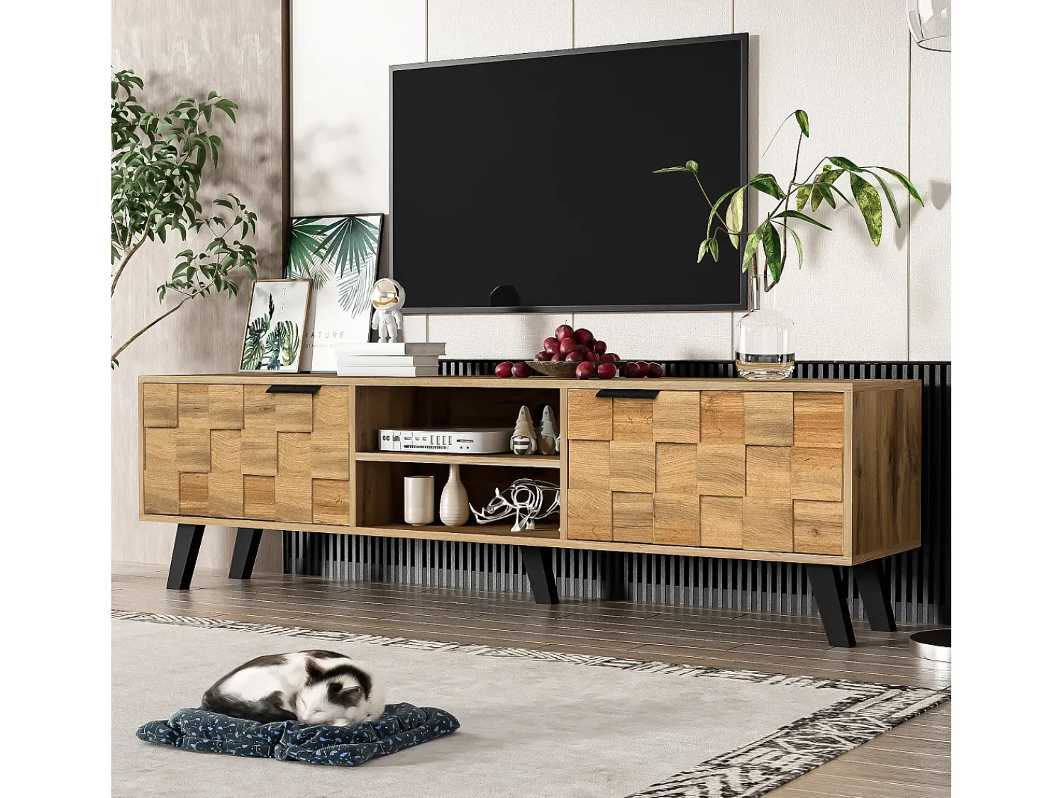 Móvel De Tv|Merax Móvel de TV moderno com 2 portas e 2 compartimentos abertos - 160,5 x 35,5 x 45 cm - Aglomerado - Cor madeira Natural claro