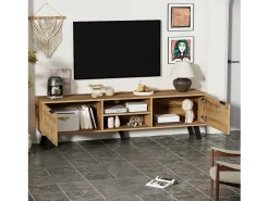 Móvel De Tv|Merax Móvel de TV moderno com 2 portas e 2 compartimentos abertos - 160,5 x 35,5 x 45 cm - Aglomerado - Cor madeira Natural claro