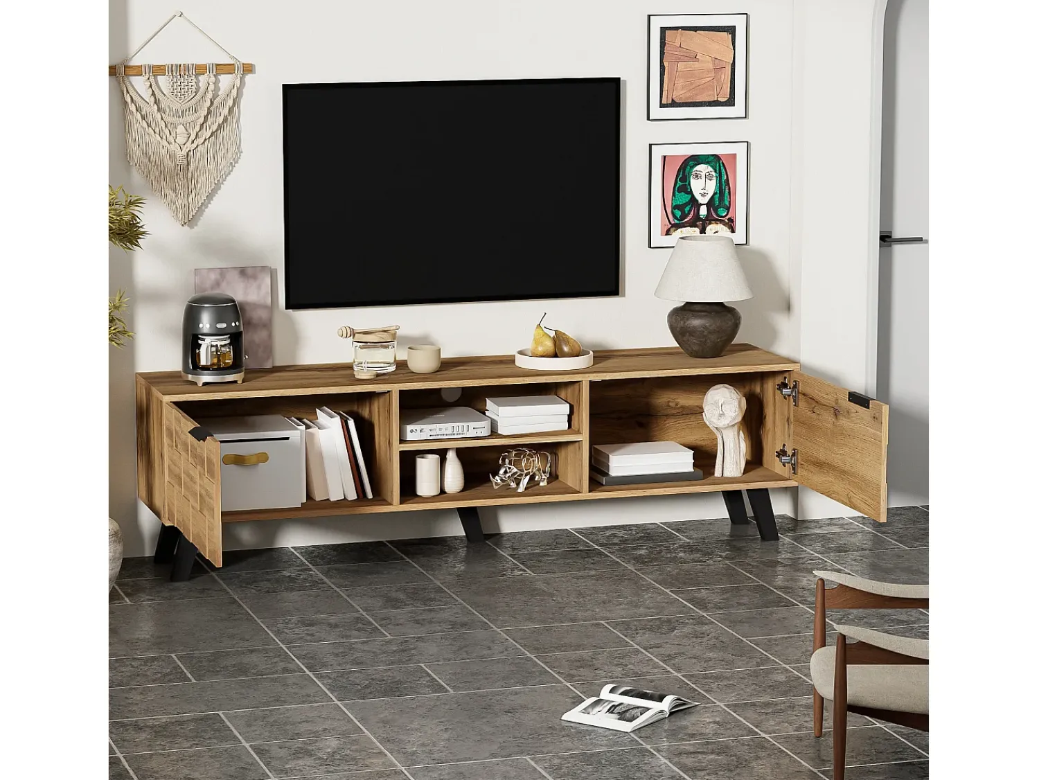 Móvel De Tv|Merax Móvel de TV moderno com 2 portas e 2 compartimentos abertos - 160,5 x 35,5 x 45 cm - Aglomerado - Cor madeira Natural claro