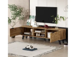 Móvel De Tv|Merax Móvel de TV moderno com 2 portas e 2 compartimentos abertos - 160,5 x 35,5 x 45 cm - Aglomerado - Cor madeira Natural claro
