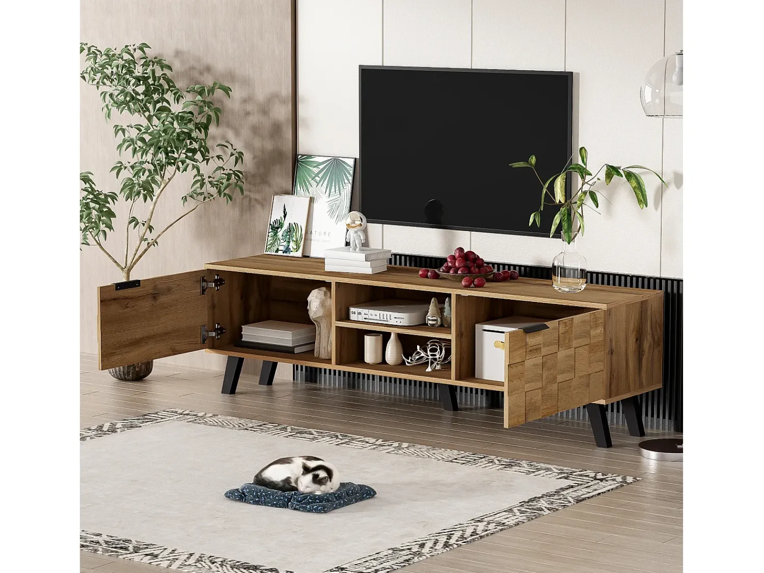 Móvel De Tv|Merax Móvel de TV moderno com 2 portas e 2 compartimentos abertos - 160,5 x 35,5 x 45 cm - Aglomerado - Cor madeira Natural claro
