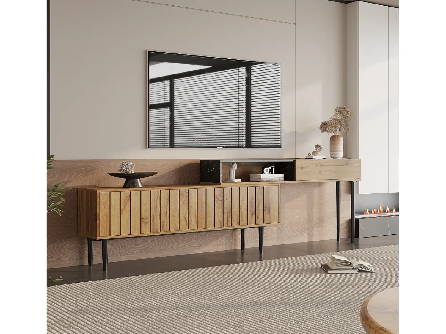 Sale Merax Móvel de TV moderno com 2 portas e 1 nicho, padrão mármore, madeira MDF e pés de ferro, cor natural Natural claro