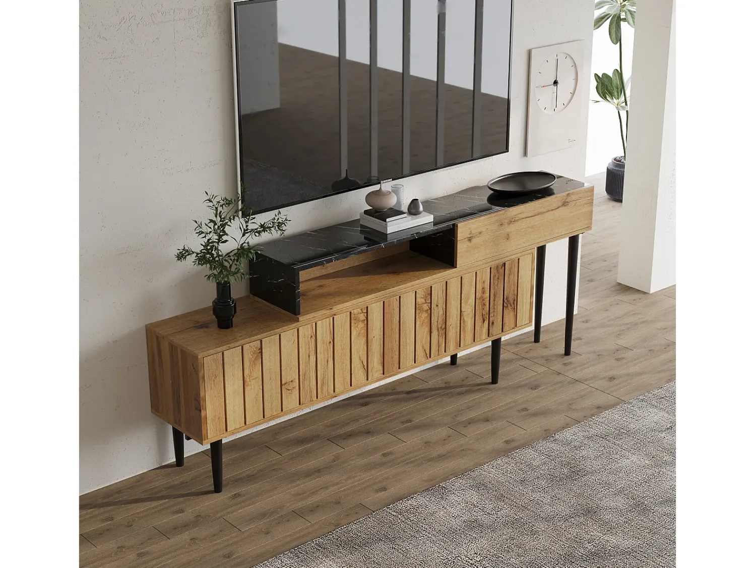 Sale Merax Móvel de TV moderno com 2 portas e 1 nicho, padrão mármore, madeira MDF e pés de ferro, cor natural Natural claro