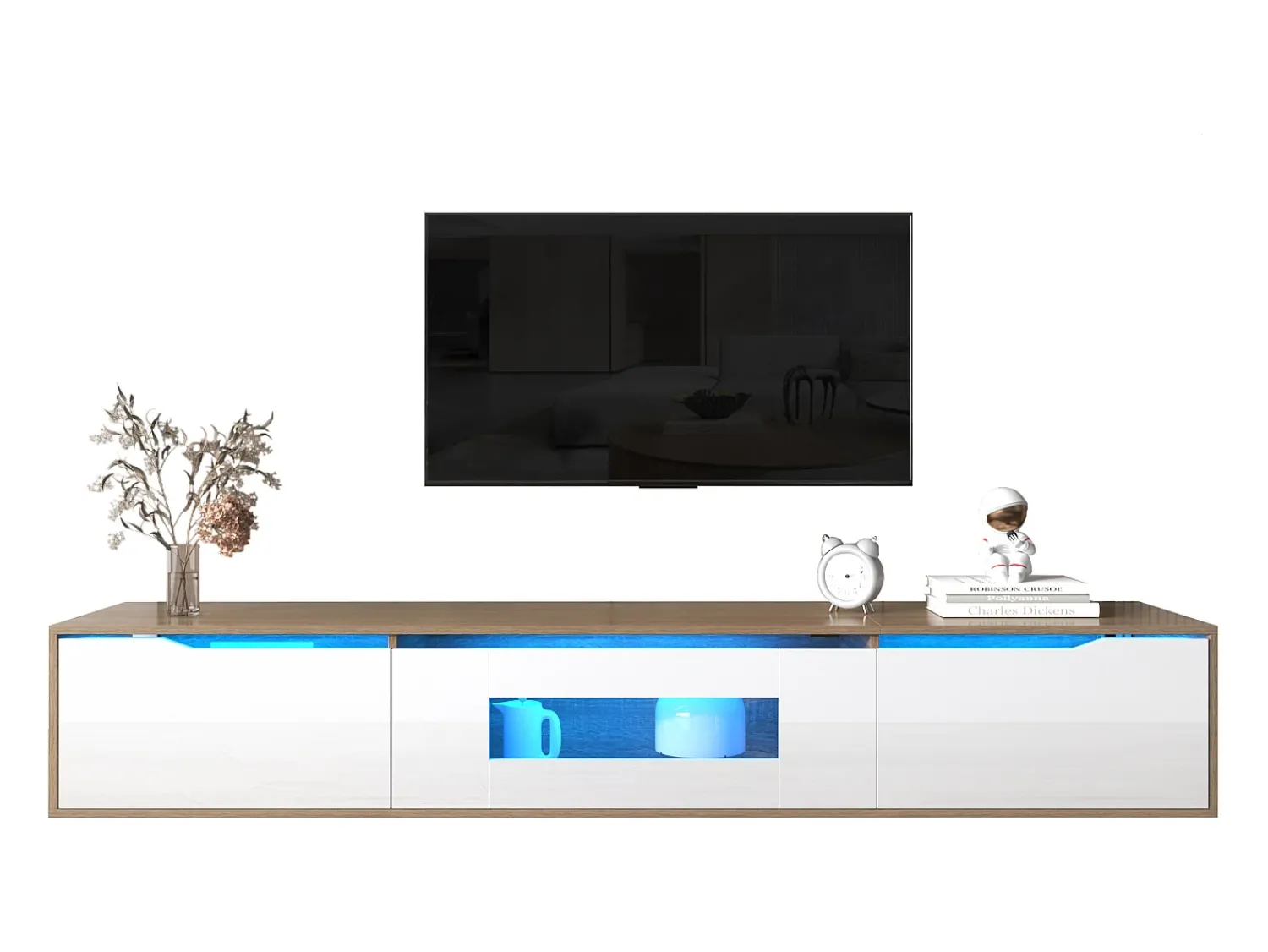 Móvel De Tv|Merax Móvel de TV moderno com 3 portas em alto brilho, iluminação LED, aglomerado, cores: carvalho e Branco