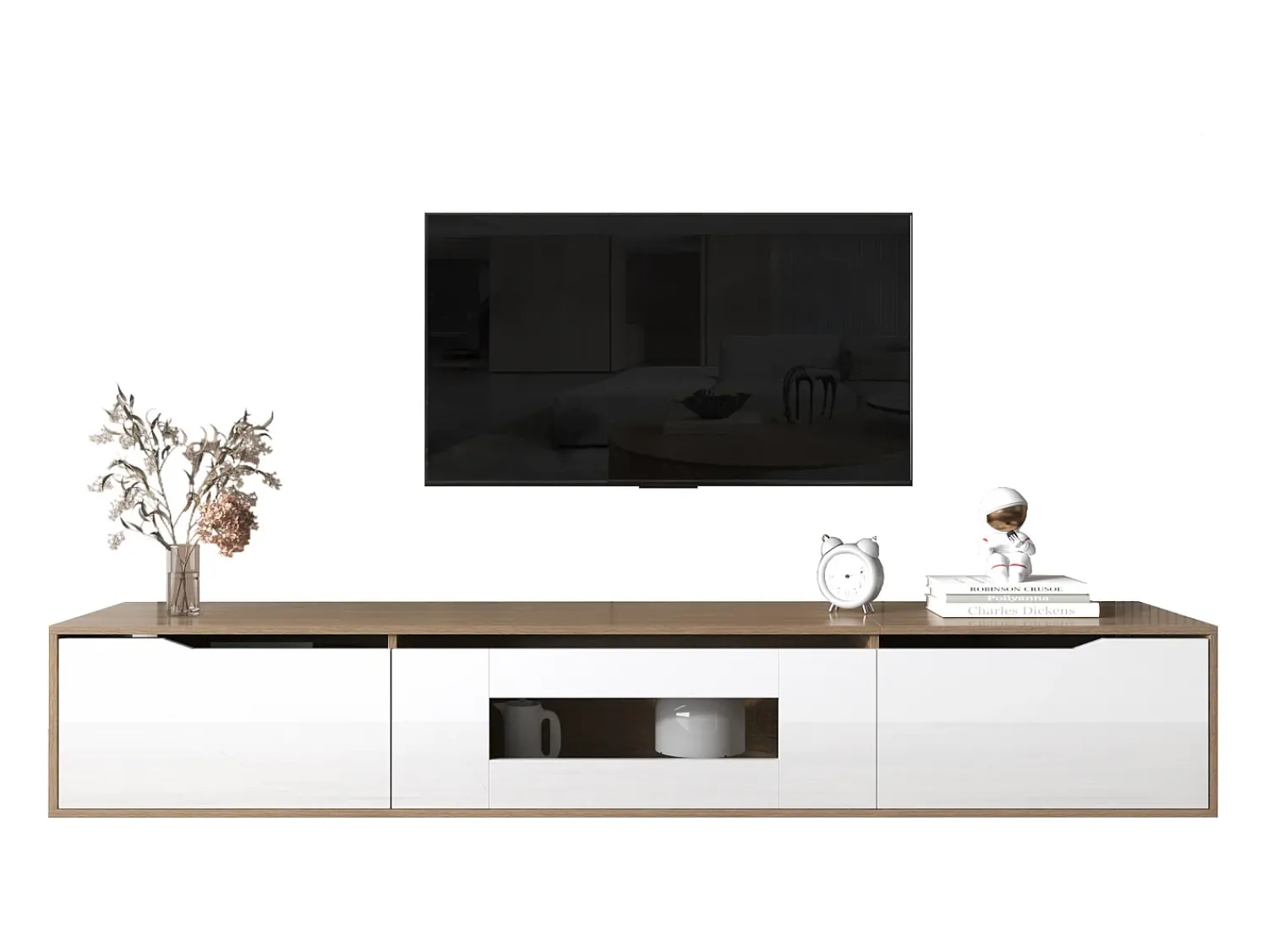 Móvel De Tv|Merax Móvel de TV moderno com 3 portas em alto brilho, iluminação LED, aglomerado, cores: carvalho e Branco