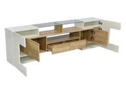 Clearance Merax Móvel de TV moderno com 4 portas, 2 gavetas e 2 nichos - Aspecto branco brilhante - LEDs - Comprimento 200cm - Cor carvalho Natural claro