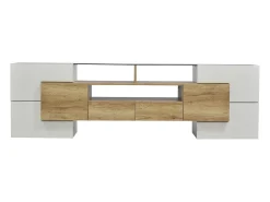 Clearance Merax Móvel de TV moderno com 4 portas, 2 gavetas e 2 nichos - Aspecto branco brilhante - LEDs - Comprimento 200cm - Cor carvalho Natural claro