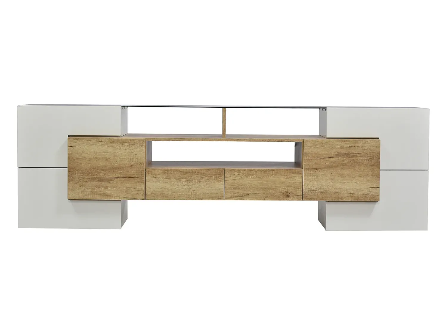 Clearance Merax Móvel de TV moderno com 4 portas, 2 gavetas e 2 nichos - Aspecto branco brilhante - LEDs - Comprimento 200cm - Cor carvalho Natural claro
