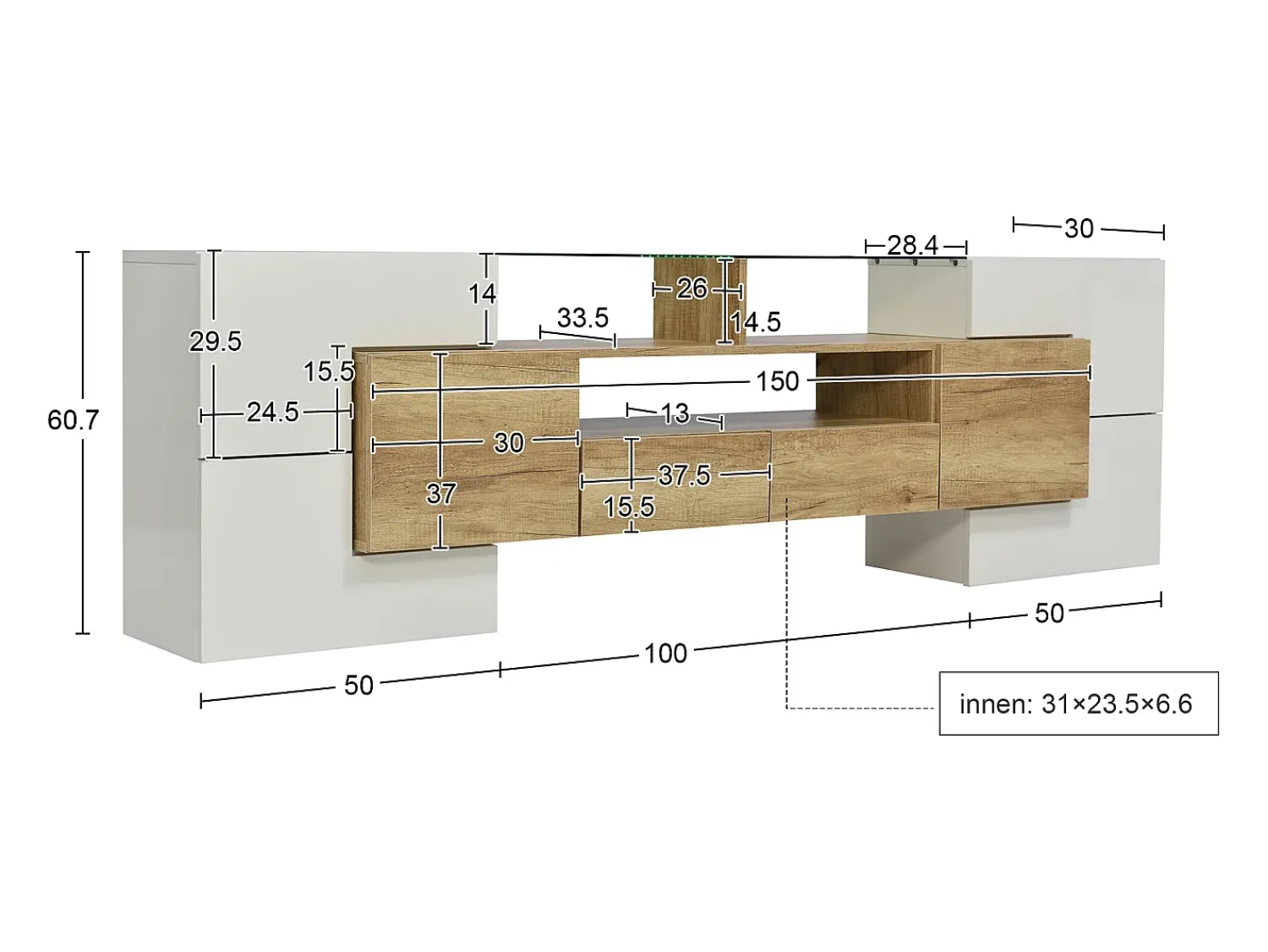 Clearance Merax Móvel de TV moderno com 4 portas, 2 gavetas e 2 nichos - Aspecto branco brilhante - LEDs - Comprimento 200cm - Cor carvalho Natural claro