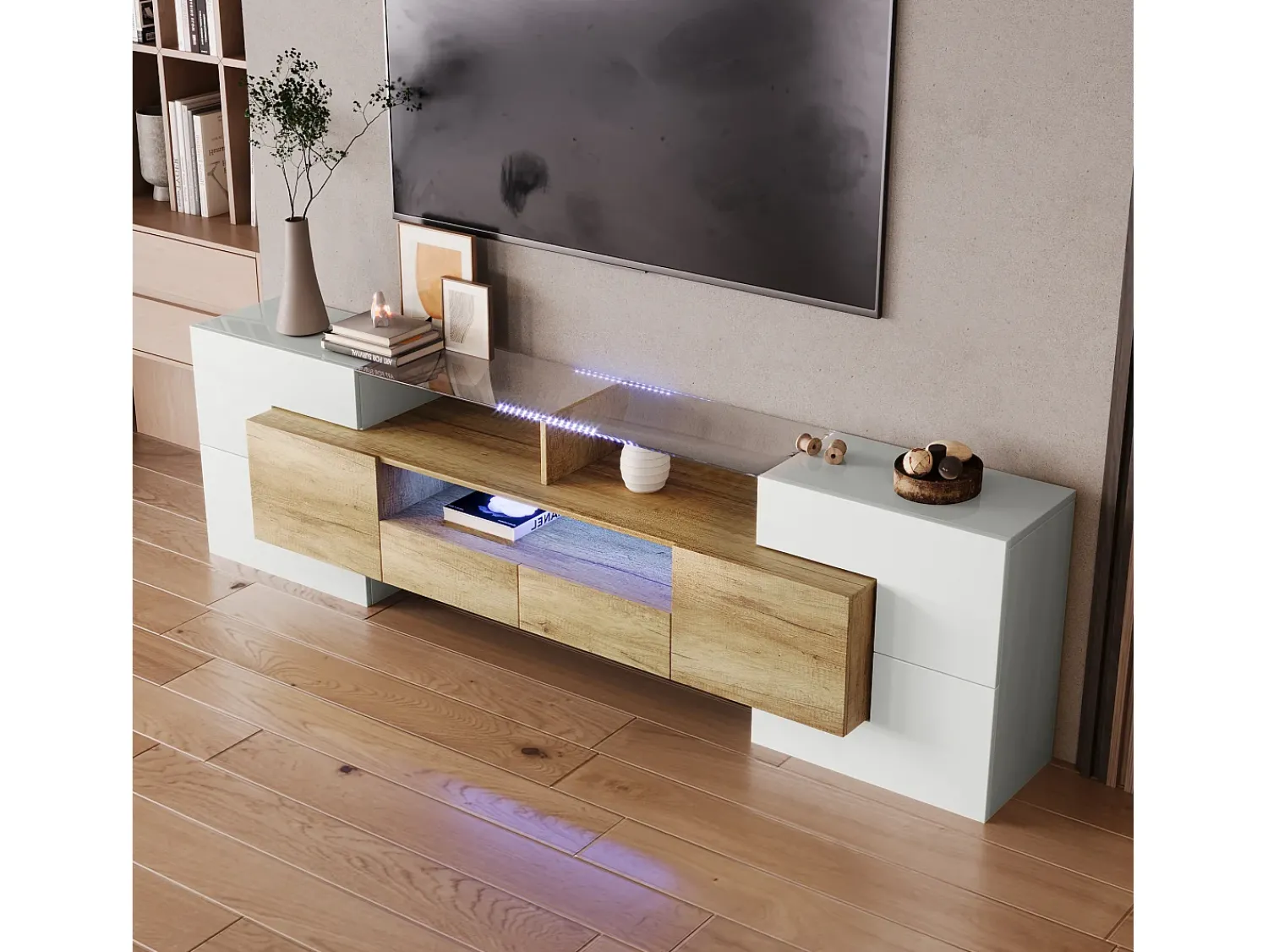 Clearance Merax Móvel de TV moderno com 4 portas, 2 gavetas e 2 nichos - Aspecto branco brilhante - LEDs - Comprimento 200cm - Cor carvalho Natural claro